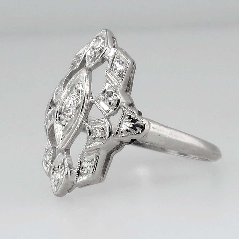 Art Deco Platinum Old Diamond Navette Ring | Antique & Estate Jewelry ...