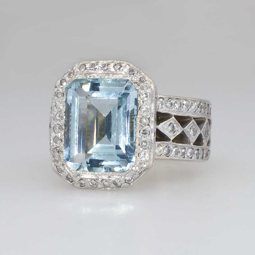 Gorgeous Estate 6.55ct Emerald Cut Aquamarine & Diamond Ring | Antique ...
