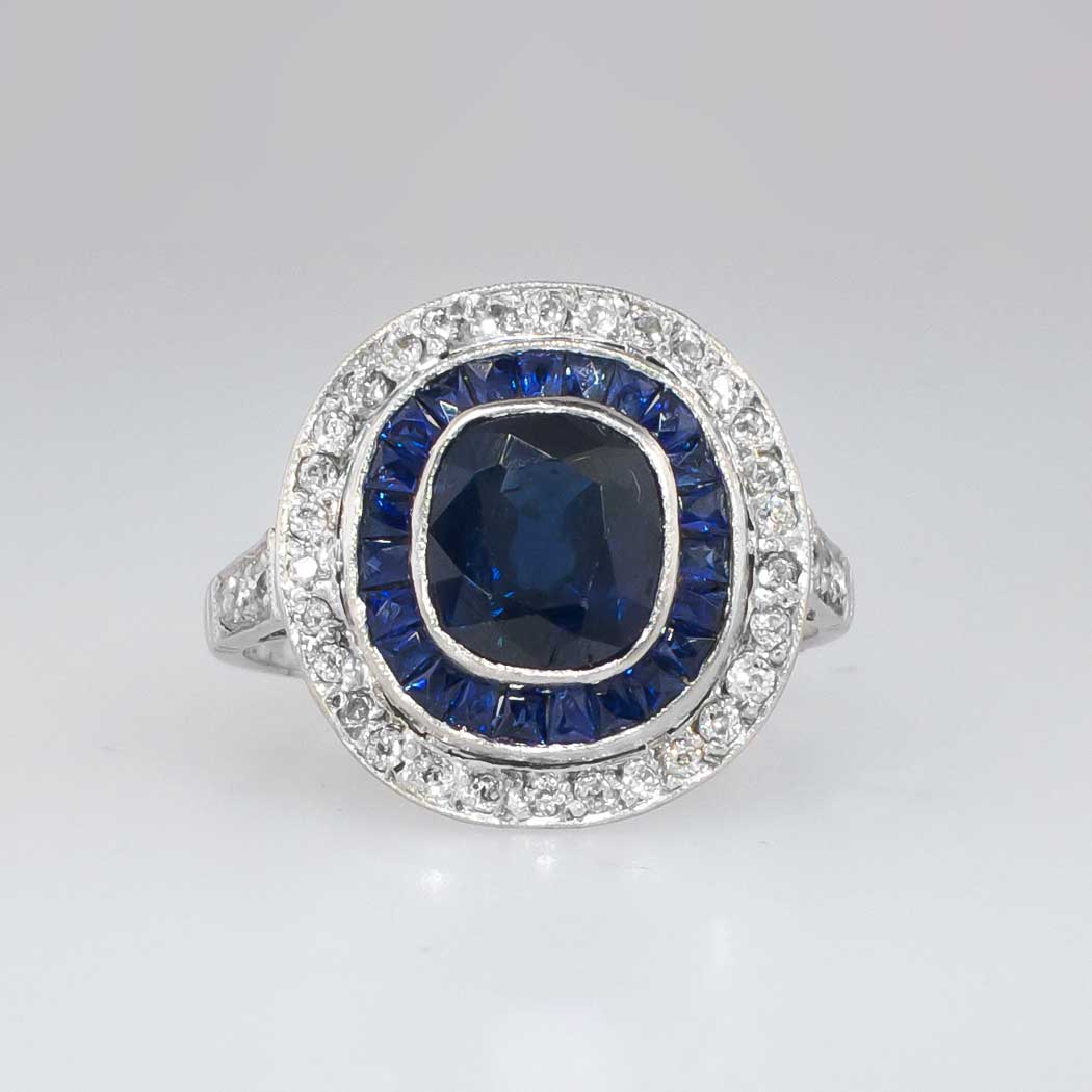 Rare 1920's 2.92ct t.w. Sapphire & Diamond Double Halo Ring Platinum ...