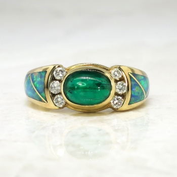 Estate Kabana Cabochon Emerald, Diamond & Opal Inlay 18k Ring | Antique ...