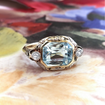 Art Deco Aquamarine Diamond Ring Circa 1930's Two Tone Filigree ...