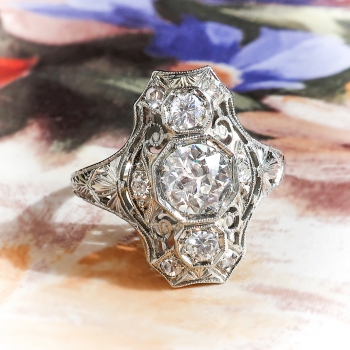 Art Deco Diamond Tall Filigree Dinner Ring 18k | Antique Vintage Estate ...