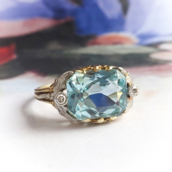 Antique Aquamarine Diamond Ring Edwardian 1920's 3.37ct t.w. Radiant ...