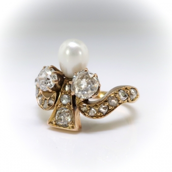 ring cut antique 91ct 18k trefoil clover circa victorian pearl european queen diamond rose yellow gold 1860