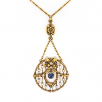 necklace sapphire pearl antique tudor garland krementz 14k seed bow pendant yellow natural gold 1900