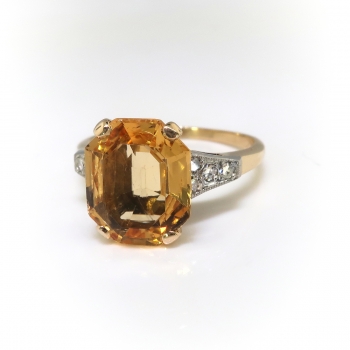 Vintage Retro Orange Yellow Citrine Emerald Cut with Diamonds 14K ...