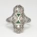 Rare 1930's Art Deco Old European Cut Diamond & Green Emerald Glass Filigree Ring 18k