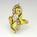 Antique Diamond Ring Art Nouveau 1900's Green Enamel Peruzzi Cushion Cut Old Mine Cut Diamond 18k Yellow Gold Ring