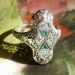 Rare 1930's Art Deco Old European Cut Diamond & Green Emerald Glass Filigree Ring 18k