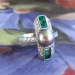 Antique Edwardian Vintage 1920's Gray Cultured Pearl Lab Green Emerald Cocktail Birthstone Ring Sterling Silver