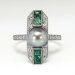 Antique Edwardian Vintage 1920's Gray Cultured Pearl Lab Green Emerald Cocktail Birthstone Ring Sterling Silver