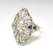 Edwardian Diamond Navette Ring Circa 1915 Blue Lab Sapphires & Old Rose Cut Diamond Cocktail Anniversary Ring 18k Platinum