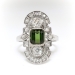 Edwardian C.D. Peacock Green Tourmaline Old European Cut Diamond Navette Ring Platinum