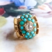 Vintage Turquoise Diamond Ring Circa 1940's 2.29ct t.w. Bombe' Cocktail Right Hand Birthstone Ring 18k Yellow Gold Platinum