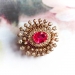 Antique Edwardian Diamond Starburst Brooch Circa 1920's 4.71ct t.w. Old European Rose Cut Synthetic Lab-Created Ruby Pin Pendant 14k Gold