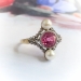 Antique Edwardian Pink Tourmaline, Pearl and Rose Cut Diamond Ring 18K Platinum