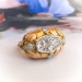 Retro Diamond Cluster Leafy Tricolor Gold Cocktail Statement Ring 14K