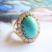 Vintage Mid-Century Large Oval Robin's Eggs Blue Turquoise and Diamond Halo Cocktail Statement Ring 18K